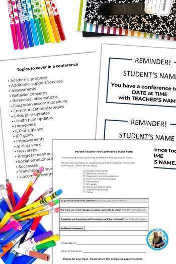 Parent conferences editable pages shown on a teacher's desk