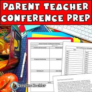 Parent teacher conference forms for parents showing prep sheets on a teacher's desk.