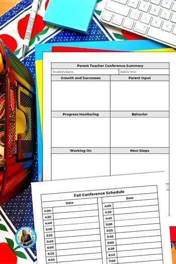 Tips for teacher parent conferences showing a summary page and a schedule on a teacher's desk.