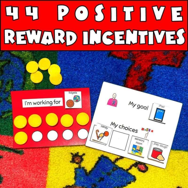 Autism behavior charts with 44 positive reward incentives showing an I am working for board and choice menu.