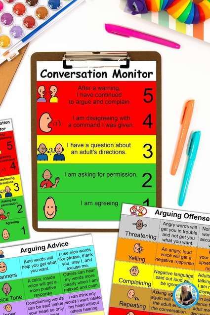 Teach communication skills with conversation monitor, or advice, arguing offenses visual supports in a school work area.
