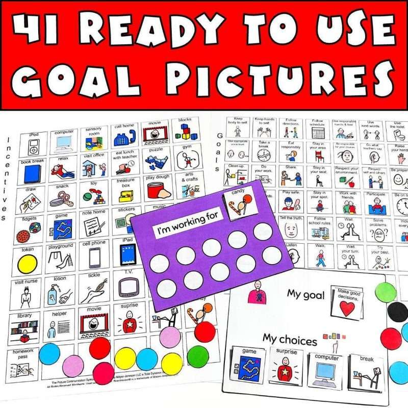 Visual reward system with 41 ready to use goal pictures showing printables on a desk.