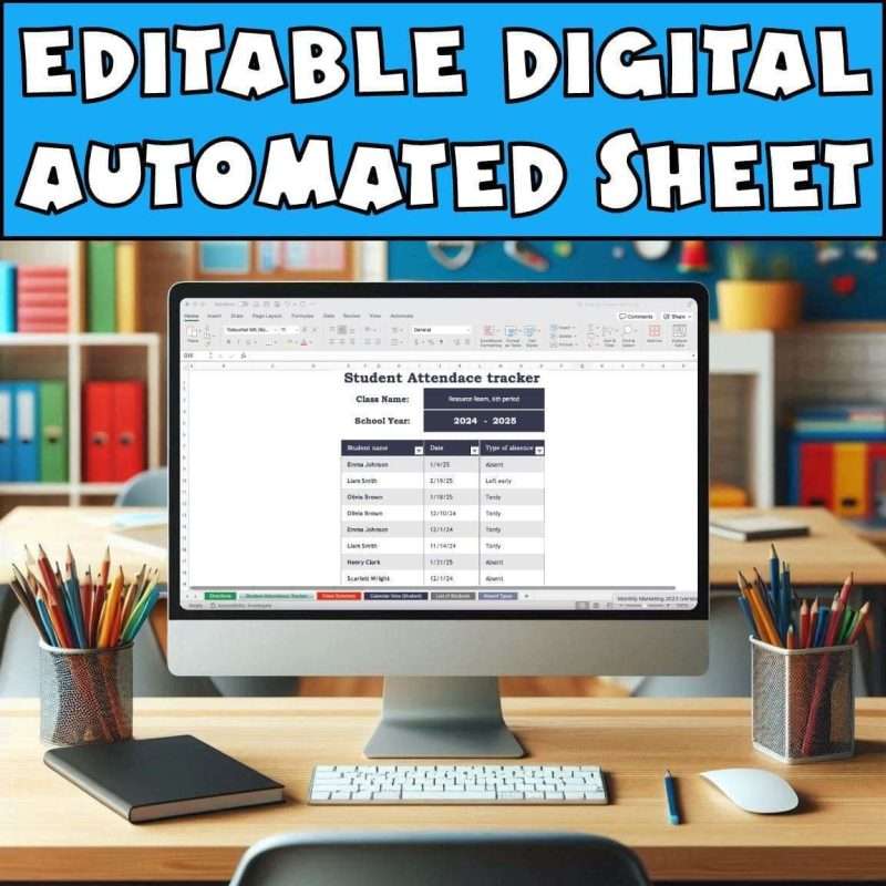 Attendance sheet templates with editable, digital, automated sheet showing a student attendance tracker on a computer and a classroom