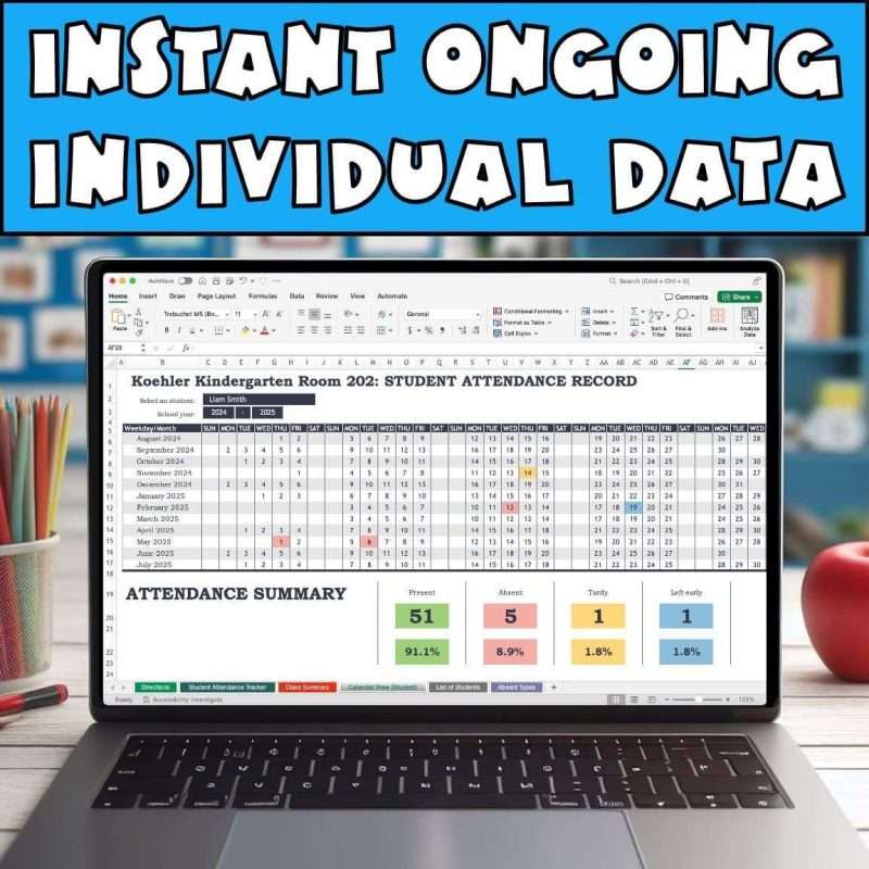 Attendance tracker in Excel showing instant ongoing individual data for a kindergarten classroom.