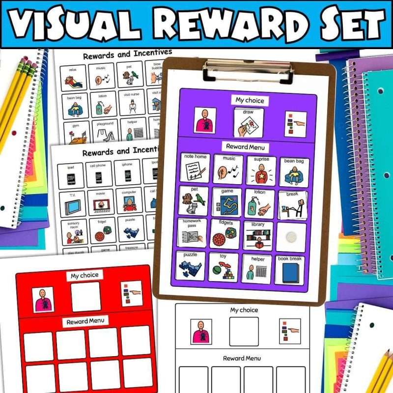 Behavior choice board visual reward set on a classroom table