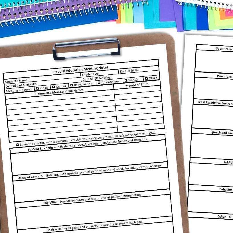 IEP meeting notes with 3 note taking guide templates for special education teachers