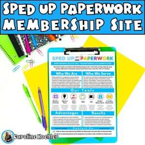 SPED teacher showing SPED Up Paperwork Membership site and the one page info sheet