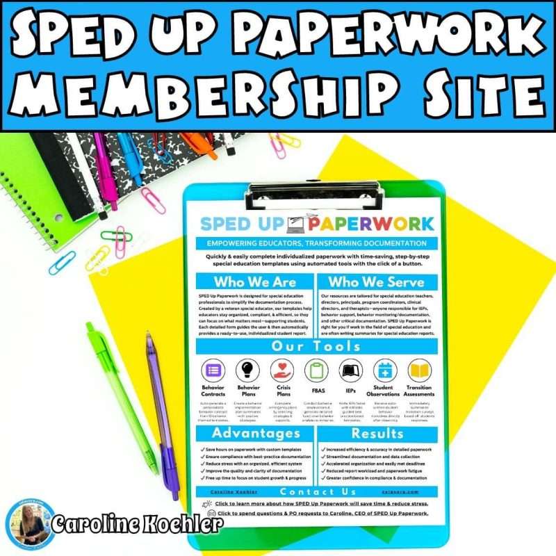 SPED teacher showing SPED Up Paperwork Membership site and the one page info sheet