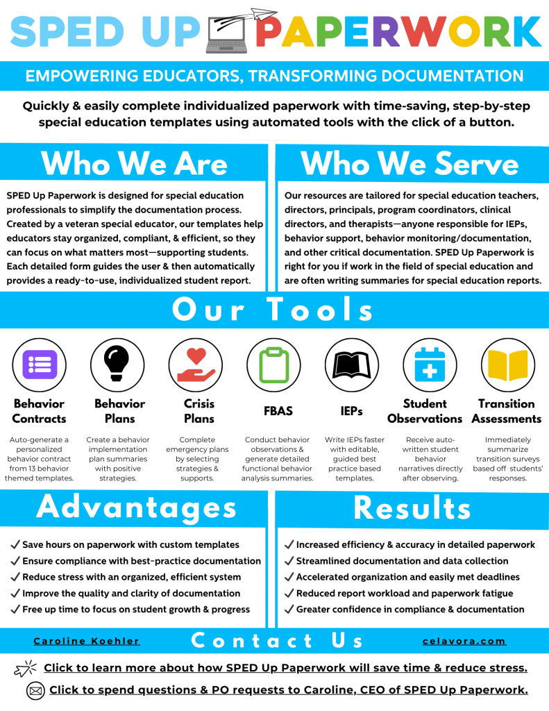 SPED Up Paperwork One Pager with behavior tracking sheets