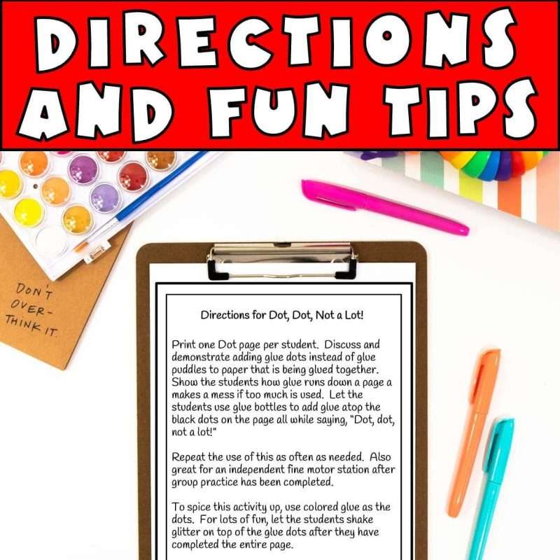 Glue practice directions and fun tips on a clipboard on a teacher's desk