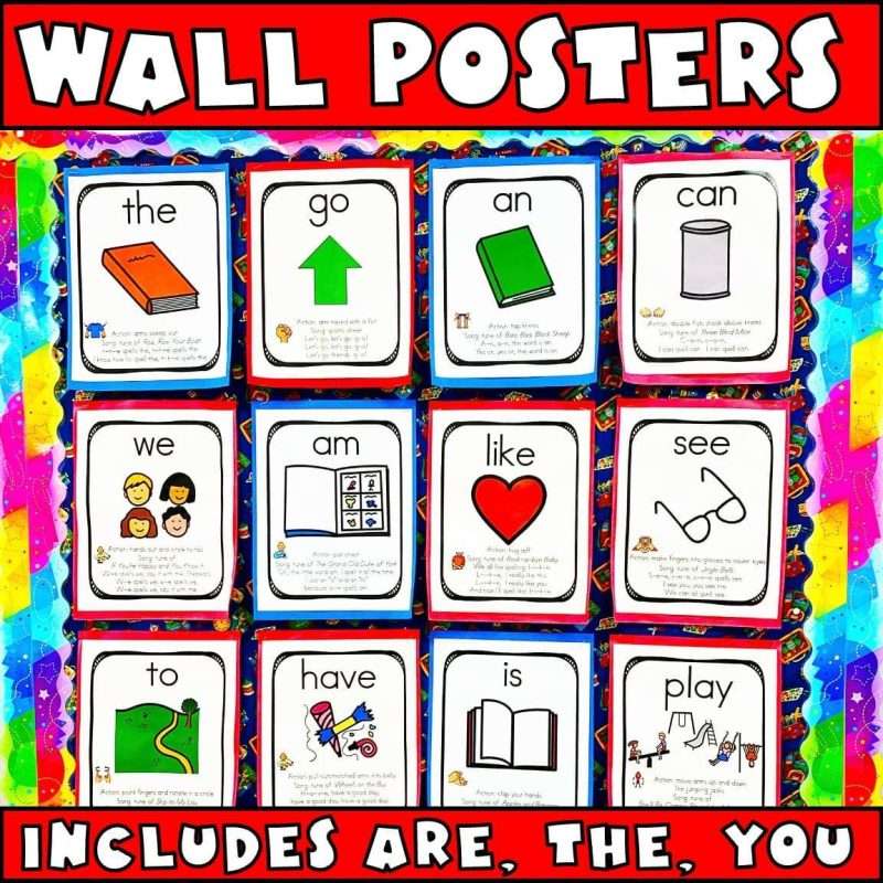 How to teach sight word, showing wall posters in the sampler set with are, the, you