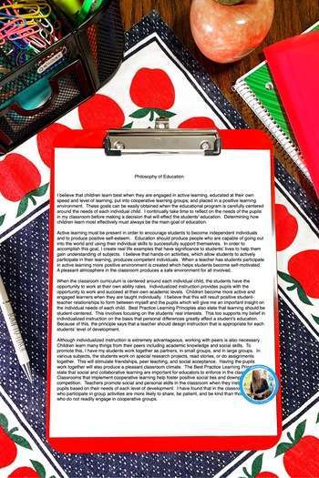 Letter of recommendation for teacher philosophy on a clipboard