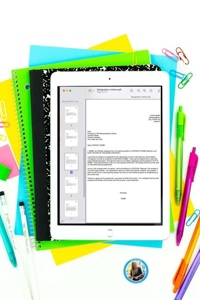 Letter of recommendation for teacher resignation on an iPad and school supplies