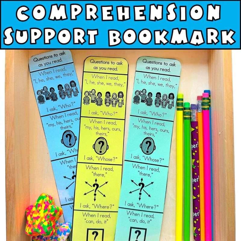 Reading comprehension support bookmark in a tray with pencils at school.
