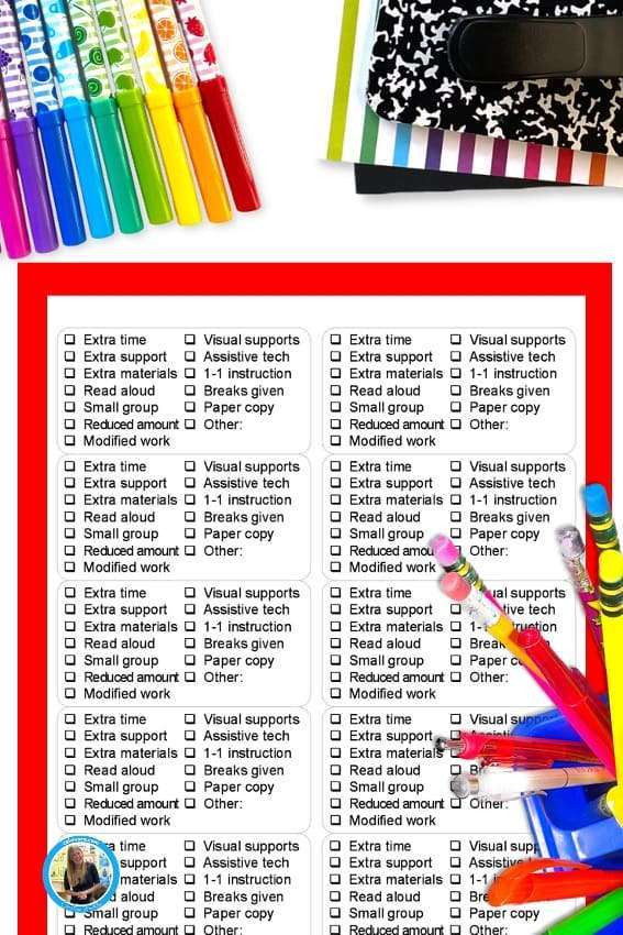 Accommodation log template with printable labels for in class work