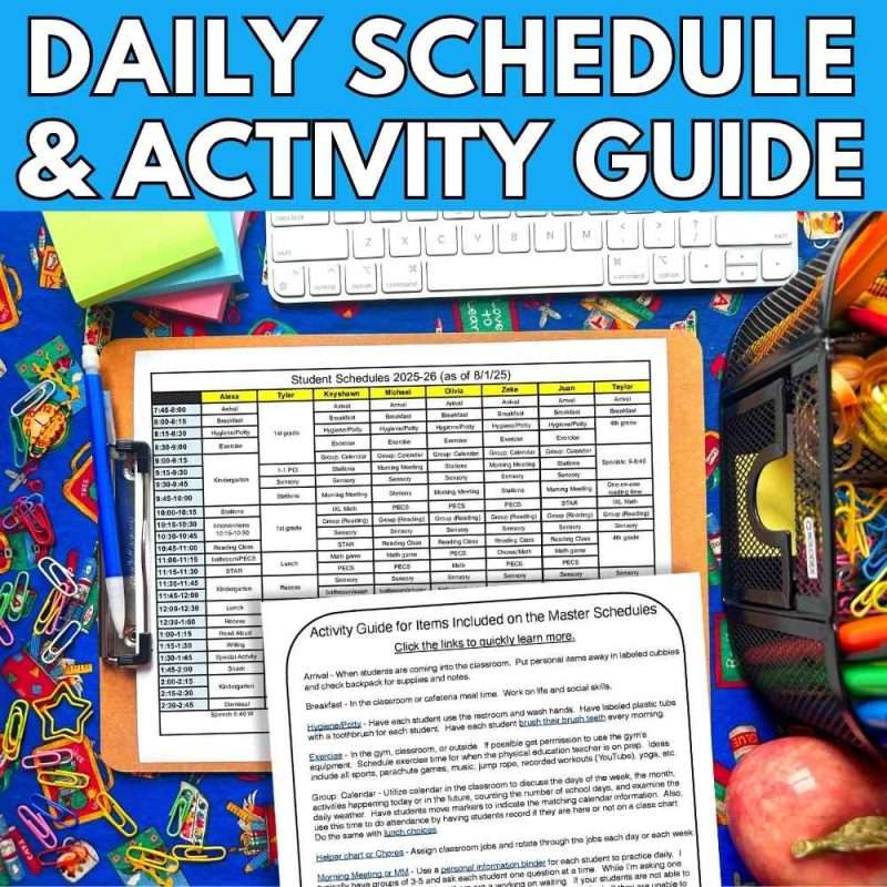 First week of school activity special education daily schedule, and activity guide, showing students schedules and an activity guide for items included on the master schedule on a teacher's desk at school.