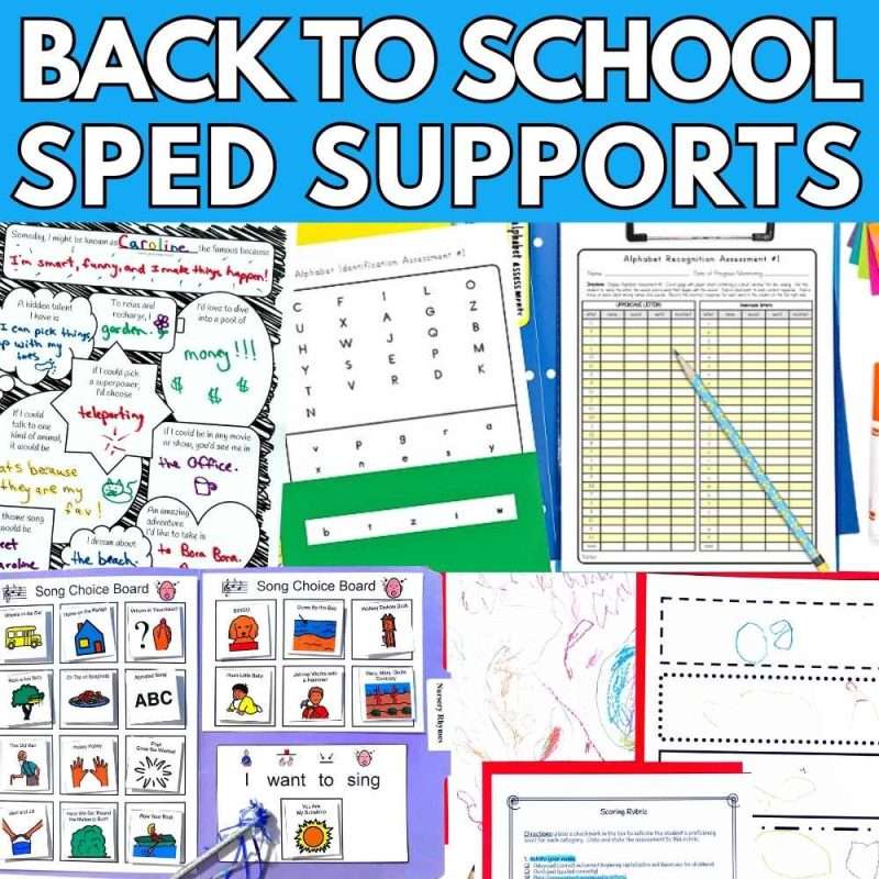 First day of school, special education back to school, but supports, showing student surveys, alphabet letter, recognition, some choice board, and initial assessments.