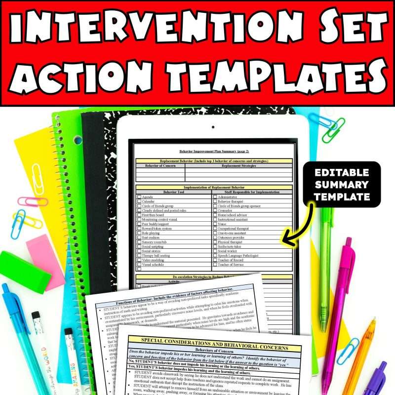 Behavior intervention plan set action templates with an editable summary template showing BIP supports on an iPad.