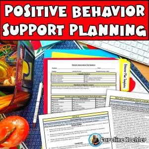 Behavior intervention plans with positive behavior support planning, showing a summary page, goals, and special considerations and behavior concerns on a teacher desk.