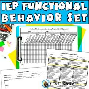 FBA template for IEP functional behavior set showing a clipboard of a frequency analysis of physical aggression along with the matching summary sheets.