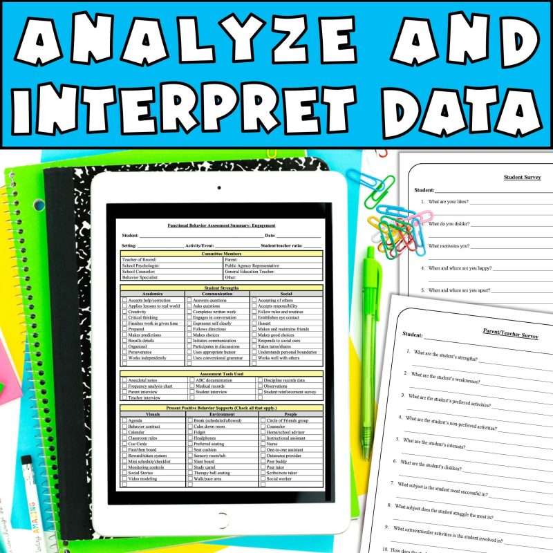 Functional behavior assessment form to analyze and interpret data showing a summary sheet on an iPad and parent/teacher survey and a student survey.