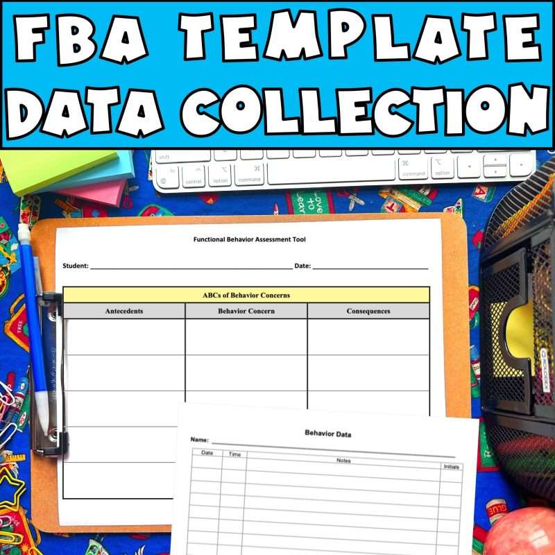 Functional behavioral assessment form showing an MBA template data collection with the ABCs of behavior, concerns, and a behavior data log.