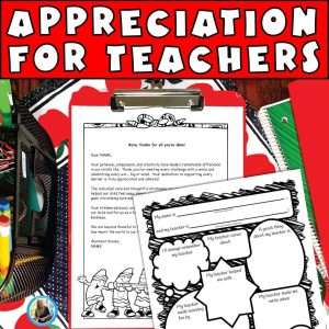 Teacher appreciation letter template on a clipboard on a teachers desk