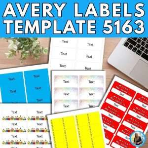 Avery label template 5163 showing the large labels printed laid out on a teacher's desk