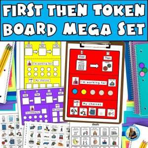 First, then board with visuals token board showing multiple behavior supports on a teacher's desk.