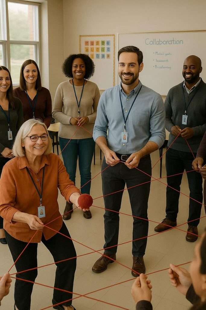 Team building activities for teachers showing educators doing a spiderweb game.