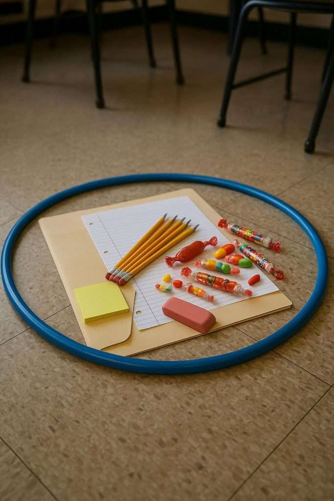 Team building activities for teachers showing the activity called Symbolic Grab with common materials from around the school placed inside of a hula hoop.