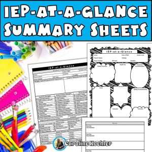 IEP at glance summary sheets showing the pages on a teacher's desk