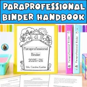 Paraprofessional binder handbook showing a teacher's desk with training manuals.