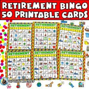 Retirement party bingo boards with 50 printable cards.