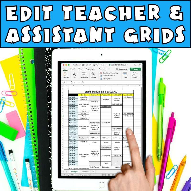 Special education schedule editable template to edit teacher and assistant grids.