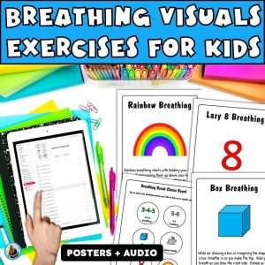 Deep breathing to relax visuals and exercises for kids and adult adults with posters and audio.