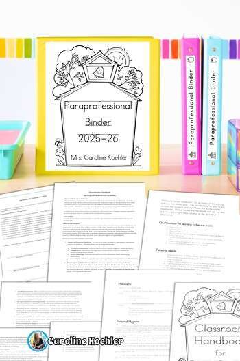 Paraprofessional binders sitting on a desk at school showing printed pages.
