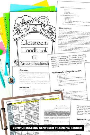 Paraprofessional trainings with printed pages on a teacher's desk
