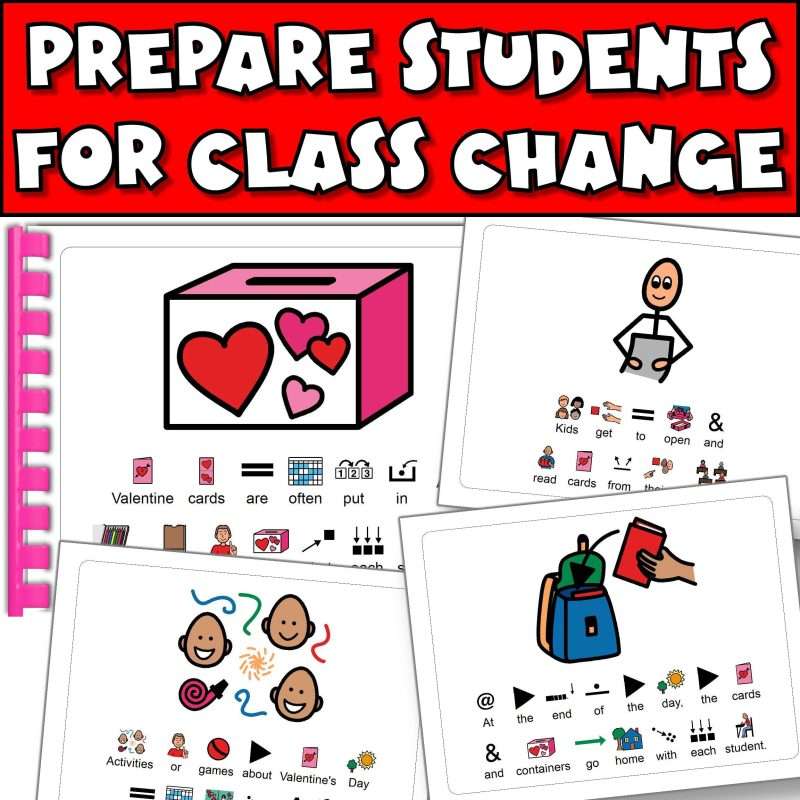 Social story Valentine's Day set prepare students for class change showing pages from the book