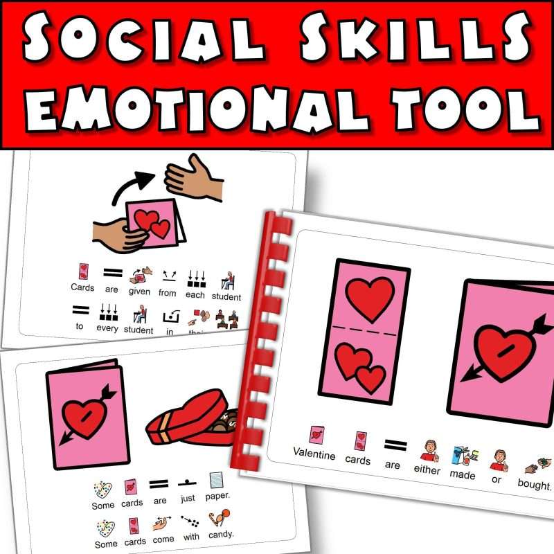 Valentine's Day social emotional skills tool showing a social story book.