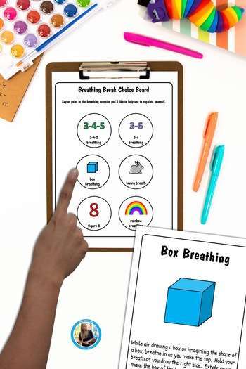 A child's hand pointing to a breathing exercise choice board with anxiety coping skills