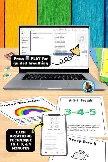 Breathing technique cards on a desk with a laptop and phone