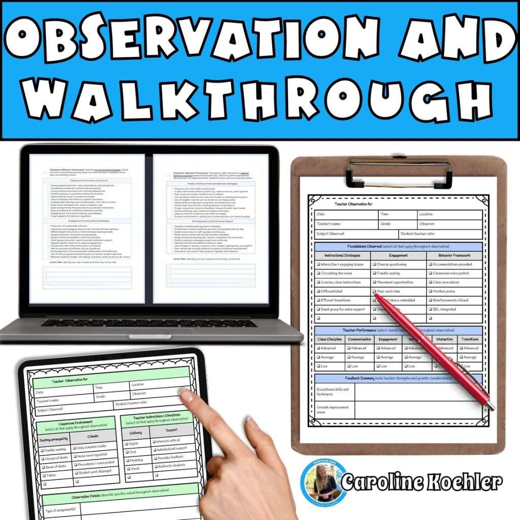 Teacher observation template for special education on clipboard and laptop