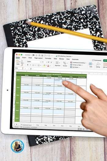 A hand interacts with an IEP and 504 tracker spreadsheet on a tablet, surrounded by school supplies.