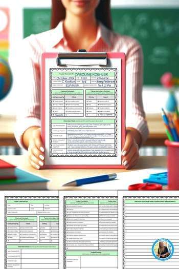 Teacher evaluation examples on a clipboard held by a woman in a classroom