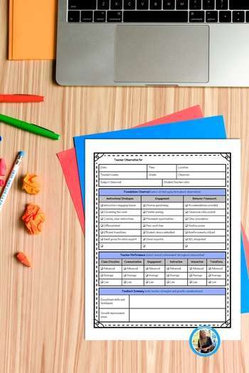 Teacher observation worksheet on a desk with a laptop and colorful supplies